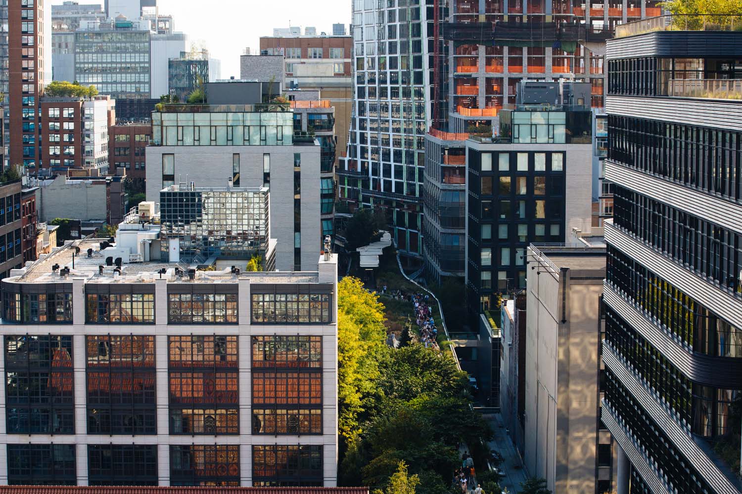 The high line in New York, USA, surrounded by tall buildings